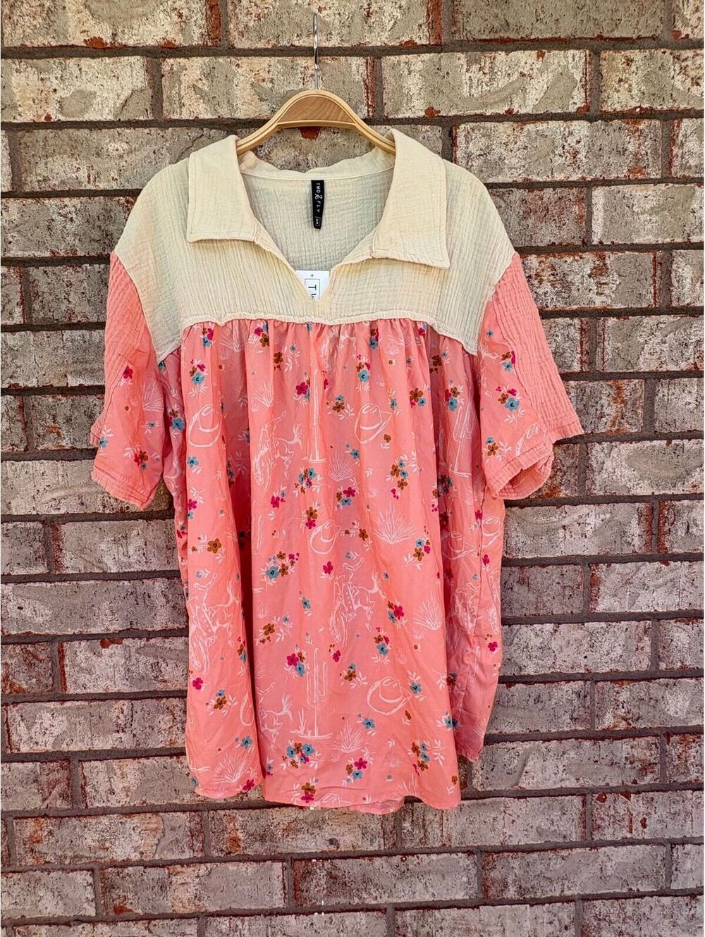NWT 2 Fly Co. Pink Western Colorblock Babydoll Blouse